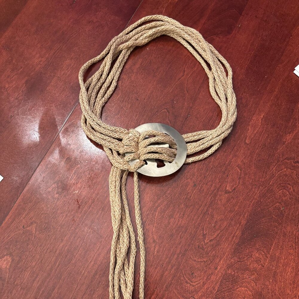 Woven Taupe Hemp Belt with Artistic Metal Buckle, Adjustable to size.